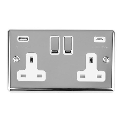 Eurolite EN2USBCPCW 2-Gang 13Amp Switched Socket with USB-C - Polished Chrome (LEAD TIME: 2-3 DAYS)